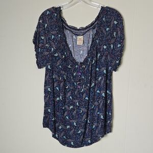 Women's Navy Paisley Short Sleeve Peasant Top